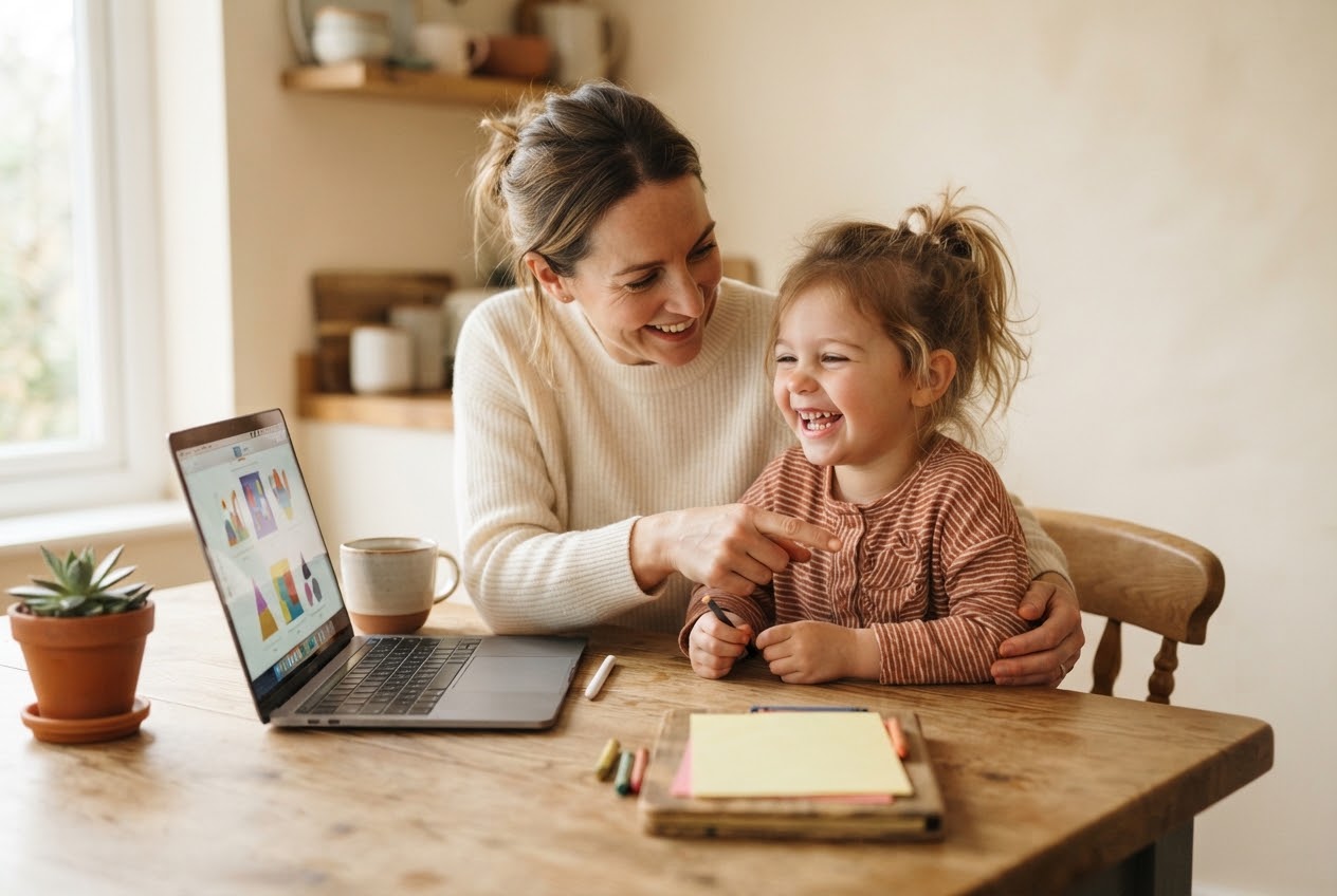 A parent and a young child laughing together while learning on a laptop