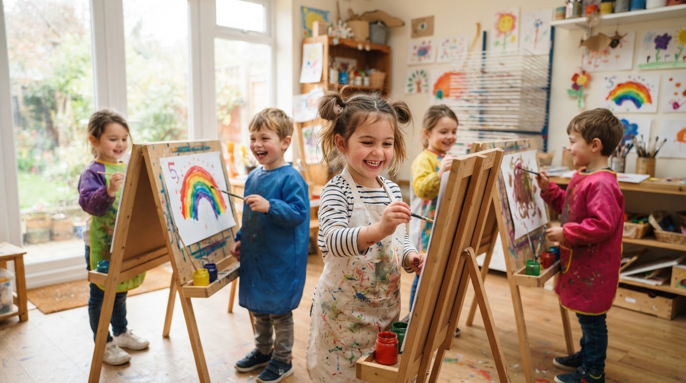 Children painting at easels in a bright art class