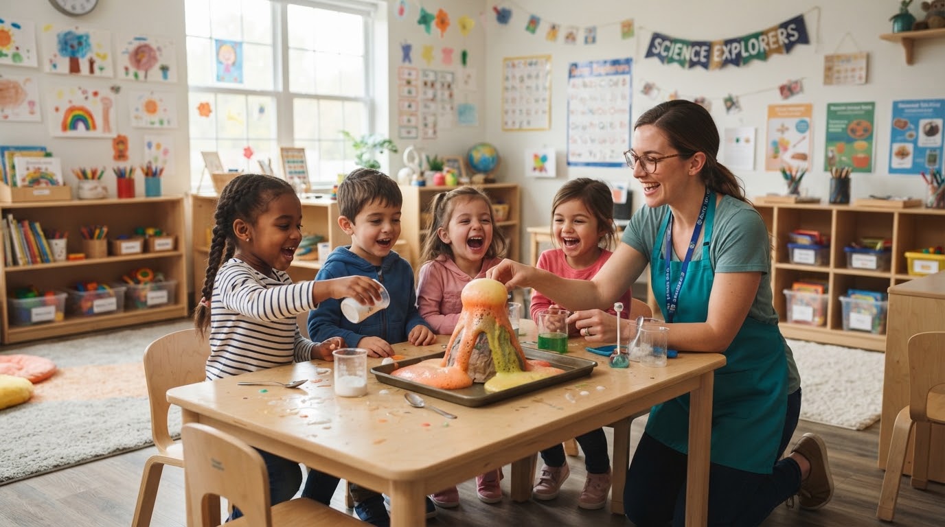 A teacher and children doing a fun volcano science experiment